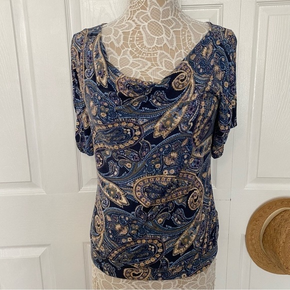 Michael Kors Paisley blue print blouse short sleeve draped neckline Petite Small - Picture 1 of 15